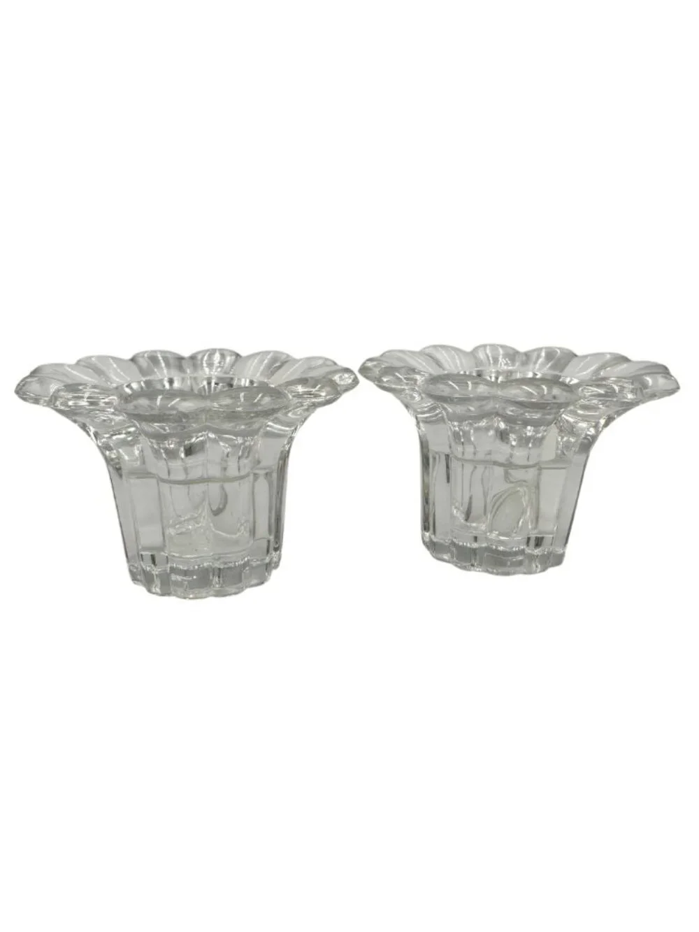 Set Of Fostoria American Crystal Candleholders Clear Scalloped Edge Glass